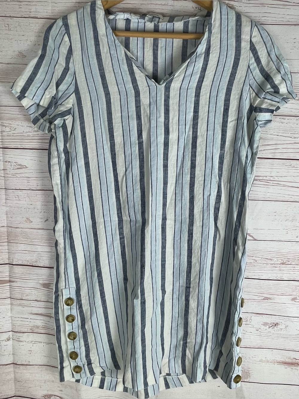 Madewell Shirt Dress Linen Sz M Blue White Stripe V Neck Buttons Short Sleeve